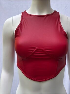 🔥BUNDLE 2for40🔥 Red Pleather High-Neck Crop Top Y2K Sz S RUNS SMALL